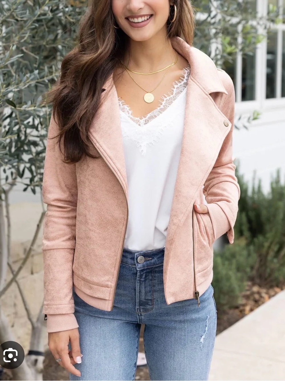 Grace and Lace Women's Blush Pink Suede-Look Moto Jacket